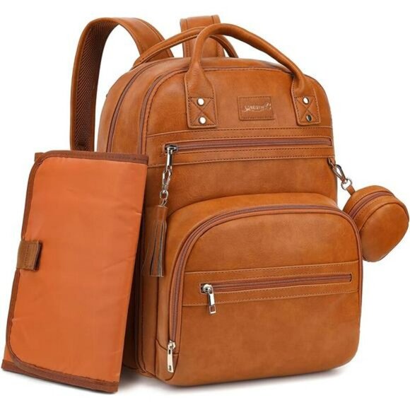Vegan Leather Diaper Bag Backpack Baby Travel Organizer with Changing Pad - Picture 1 of 7